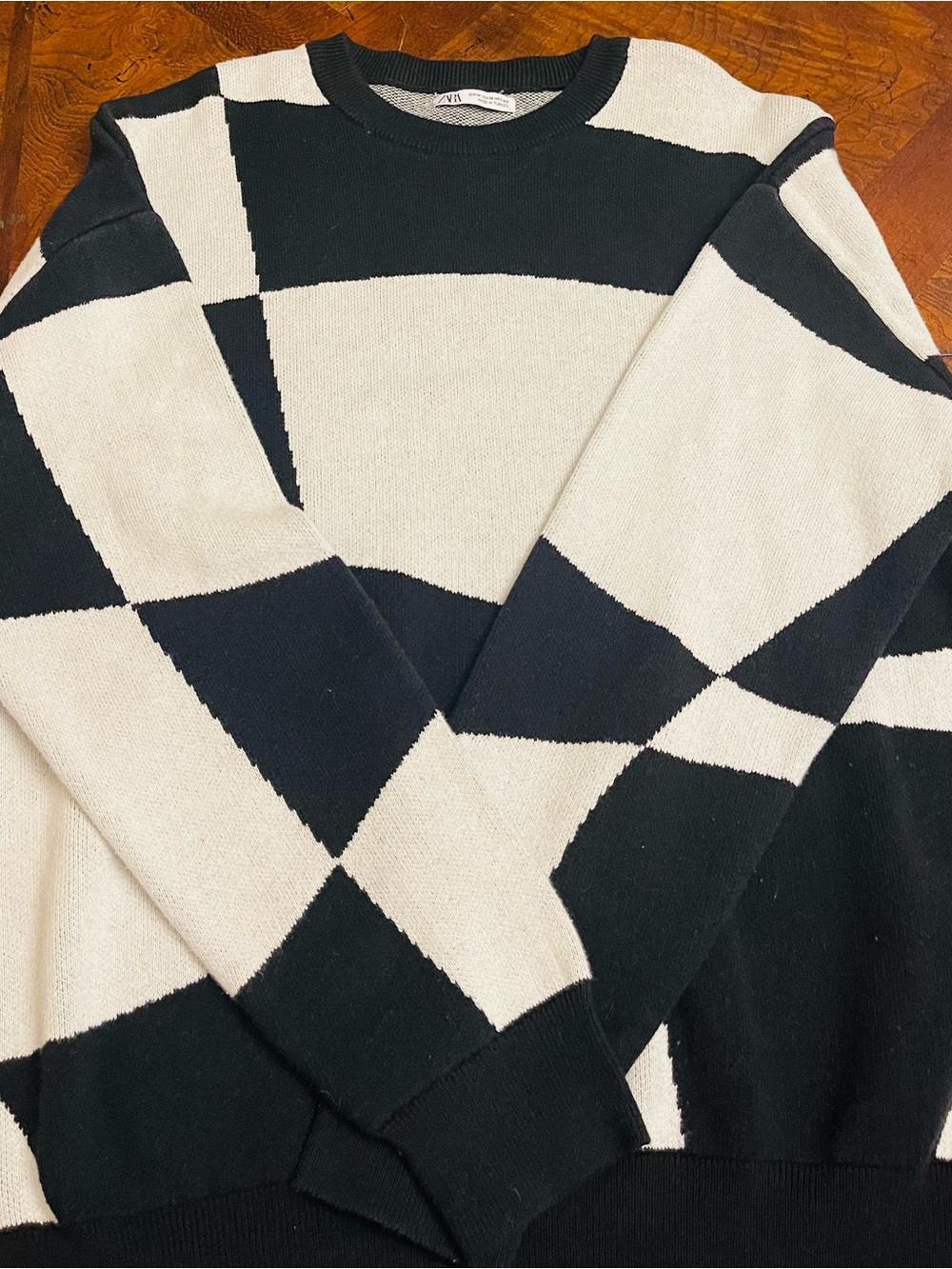 Zara Black & Cream Geometric Crewneck Sweater